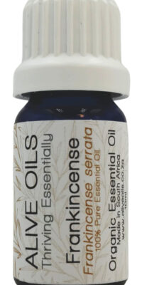 A bottle of Alive Oils Frankincense Serrata Organic Essential Oil in a blue glass bottle with white cap