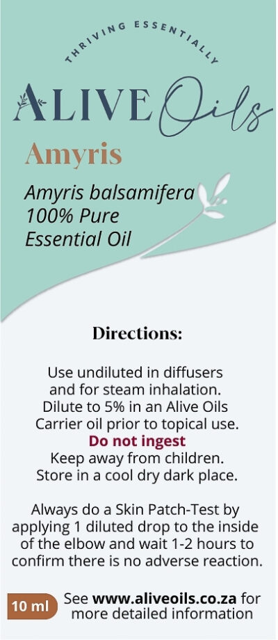 Alive Oils Amyris Pure Essential Oil - A calming oil for stress, cognitive functioning, insomnia, moisturiser of dry skin, hypotensive, lymph circulation, expectorant, and detoxer.