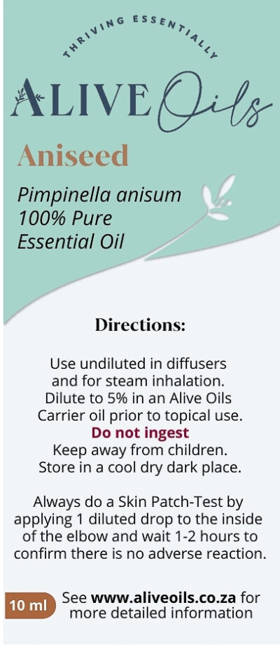 Alive Oils Aniseed Pure Essential Oil - Calms nerves, abdominal cramps, dry coughs, colds, bronchitis, asthma, oestrogen balancing, menopause, freshens breath, rheumatoid arthritis.