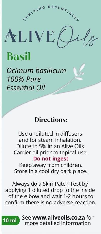 Alive Oils Basil Pure Essential Oil - Basil is an anti-depressant tonic, pain-calming for headache, migraines, menstrual pain, sinusitis, sore throat, whooping cough, disinfectant.