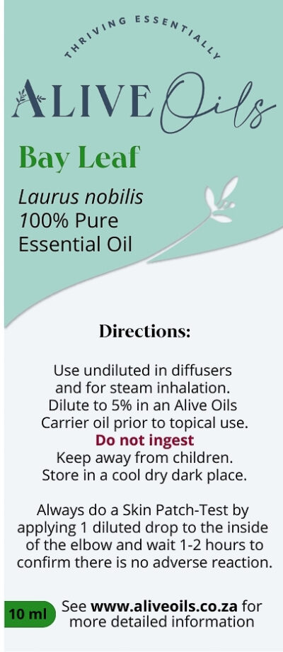 Alive Oils Bay Leaf Pure Essential Oil - This oil is a respiratory unclogger of coughing, bronchitis, an analgesic for sore muscles, joints, rheumatism, fever, lymph drainage, antibiotic and tonic.