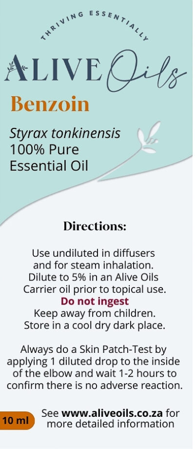 Alive Oils Benzoin Pure Essential Oil - An excellent antioxidant, disinfectant, pain-calming oil for sore muscles, phlegm, chronic bronchitis, coughs, depression, and a deodoriser.