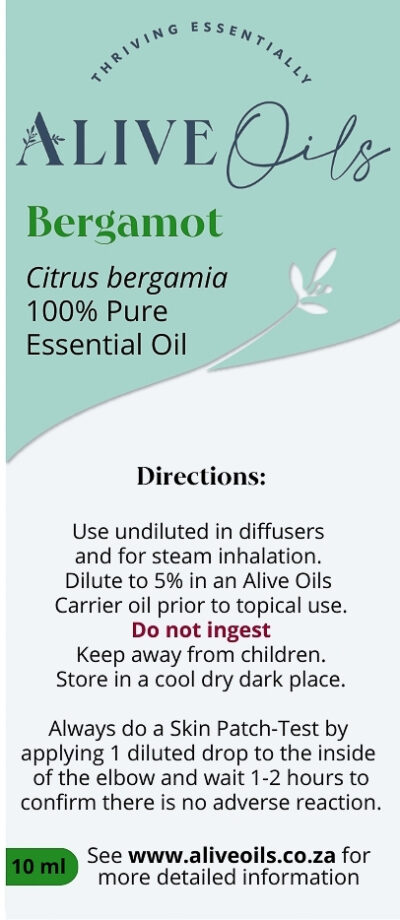 Alive Oils Bergamot Pure Essential Oil - is a therapeutic oil with calmative, anti-inflammatory, analgesic antibiotic, antiviral, anti-septic, vulnerary, antispasmodic and anti-bacterial actions. It calms menstruation and the menopause, balancing the hormone oestrogen, the hormones of the endocrine system, the ovarian glands and the stress hormone, cortisol. It has a calming action on the adrenal glands that encourages serotonin in the brain, known as the happy hormone.