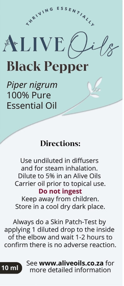 Alive Oils Black Pepper Pure Essential Oil - is a strong antioxidant, pain-calming anti-spasmodic, and anti-inflammatory oil for muscle pain that strengthens circulation and has strong anti-viral and anti-bacterial actions to calm cold symptoms, unclogging phlegm in the chest.