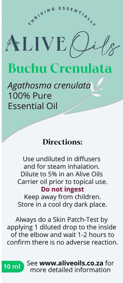 Purchase from Alive Oils – Buchu Crenulata Pure Essential Oil – An excellent diuretic, mild anti-septic disinfectant for kidney, urinary tract bladder infections, prostate, colds, gout, arthritis.