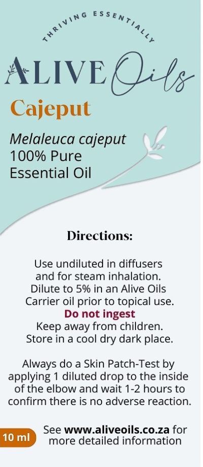 Alive Oils Cajeput Pure Essential Oil - is an excellent pain-calming oil with strong anti-viral actions to calm viral respiratory infections of bronchitis, flu and colds, besides expectorant actions to unclog phlegm, calm coughs, sore throats, and sinus inflammation. When diffused, the vapours unclog phlegm from the respiratory tract to clear the sinus passages.