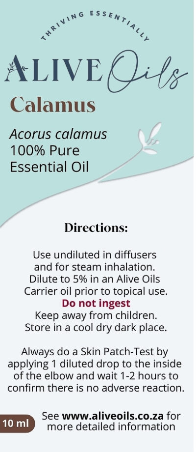 Alive Oils Calamus Root Pure Essential Oil - has antiseptic, antibacterial, bronchodilator and spasmolytic activities to unclog the phlegm of bronchitis and colds with circulation strengthening actions to calm rheumatoid arthritis, rheumatism, and arthritis, besides its insect repellent actions to repel mosquitoes. Calamus calms ulcers, gas in the intestines, upset stomach, colic, and a pain-calming oil for headaches, hemorrhoids and skin ailments.