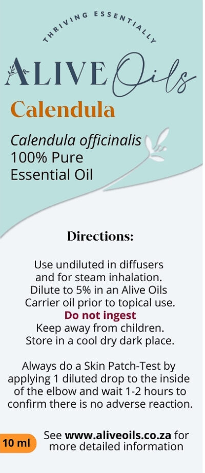 Alive Oils Calendula Pure Essential Oil - is an exceptional skin oil for sensitive, dry skin, nappy rash, psoriasis, and eczema. It soothes inflammatory dry skin, sun exposure, including rashes. Calendula is excellent for most dry skin ailments, skin infections, sores, insect bites, and athlete's foot. Include this oil in your moisturising salves, lotions, and natural products.