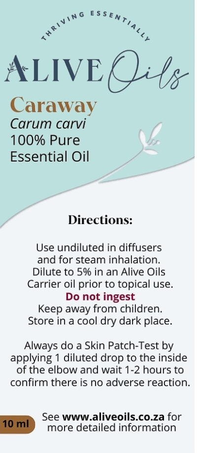 Alive Oils Caraway Seed Pure Essential Oil - is an excellent anti-inflammatory pain calming oil with antiseptic and anti-bacterial actions to disinfect acne, boils, sores and scuffs, besides its antioxidant actions for fresh faced skin beauty. Caraway improves oily skin with astringent, skin toning anti-bacterial actions to clear acne infection and inflammation. It is a digestive tonic that calms intestinal ailments such as colitis, inflammatory bowel disease, dyspepsia, nervous indigestion, and mild gastric spasms.