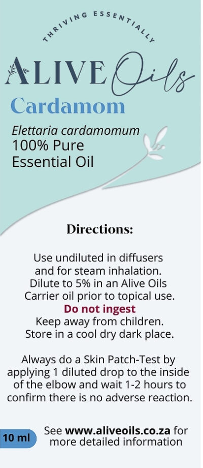 Alive Oils Cardamom Pure Essential Oil - is a strong disinfectant, antiseptic mouth freshener and anti-infectious essential oil that eradicates viruses, fungi, and bacteria. The antispasmodic, anti-inflammatory pain-calming actions are effective for upset stomachs, indigestion, and gas in the intestines. It has strong antiseptic actions to disinfect sores, preventing infection. Cardamom is a decongestant and expectorant that unclogs phlegm from lungs and the upper respiratory tract. It lowers blood pressure, calms nerves, improves physical strength, is an appetite stimulant, and calmative.