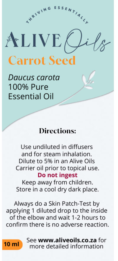 Alive Oils Carrot Seed Pure Essential Oil – is an extraordinary skin beauty antioxidant and a strong liver tonic for hepatitis and the health of the liver. It imparts life to skin and freshens skin tone and elasticity to firm wrinkles. The strong antioxidants rejuvenate and protect skin from UV light and pollution. Carrot Seed Oil calms eczema, rashes, psoriasis, and dermatitis. It balances dry and oily skin and is a moisturising balm for dry or ageing skin that won't clog pores.