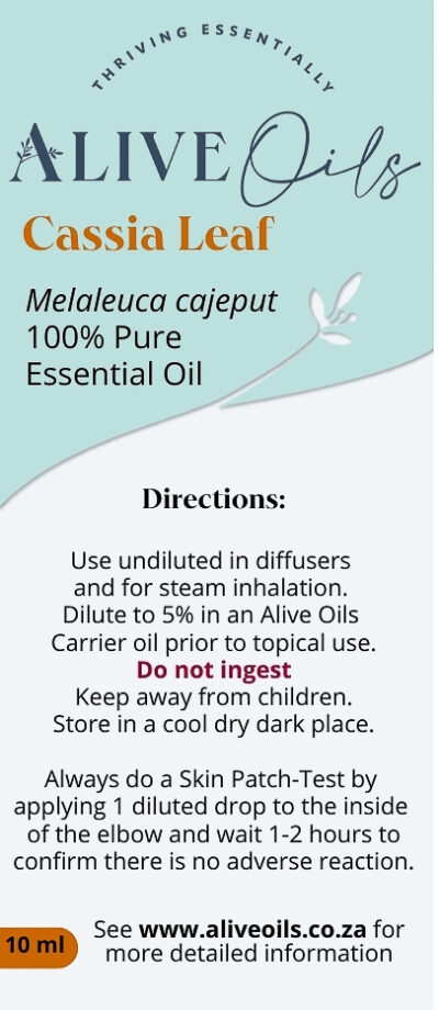 Alive Oils Cassia Leaf Pure Essential Oil – is an anti-viral, anti-fungal, and anti-bacterial disinfectant with antioxidant, anti-inflammatory, circulation strengthening, pain-calming actions for the pain of arthritis, rheumatism, and sore muscles. It calms the pain of headaches, and cramping, invigorates fatigue and brightens the mind. The warm, woody aroma energises the brain, lifts depression, and invigorates lethargic attitudes when diffused into the air.