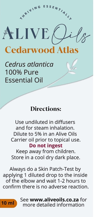 Alive Oils Cedarwood Atlas Pure Essential Oil – is a natural fixative in perfume blends and masculine colognes, enhancing aromatic blends with its soft woody aroma. It is excellent in men's aromatic blends, aftershaves, and soaps for its clean aroma and anti-septic astringent actions. Cedarwood Atlas is a soothing tonic for stress and a calm emotional equilibrium with strong anti-inflammatory and anti-bacterial actions for skin ailments such as acne, oily skin, dermatitis, eczema, itching skin, and an itchy scalp.