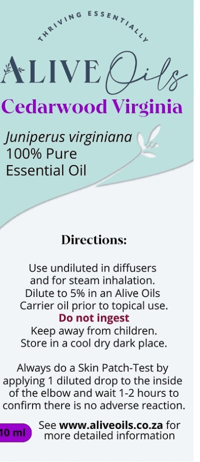 Alive Oils Cedarwood Virginiana Pure Essential Oil – is an excellent calmative oil for emotional equilibrium. The fresh woody aroma calms insomnia, chronic stress, anxiety, and depression while the anti-fungal actions improve seborrheic dermatitis. It is an excellent fixative in perfume blends and could be included in the making of your own soaps, deodorants, men’s aromatic blends and air fresheners.