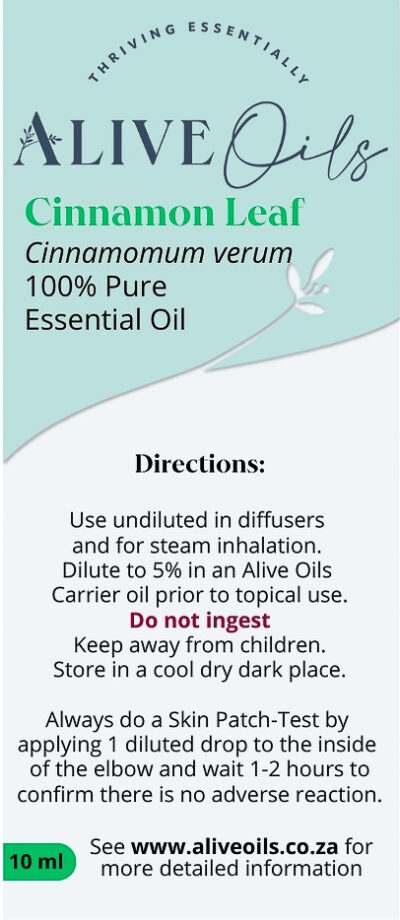 Alive Oils Cinnamon Leaf Pure Essential Oil – increases calmness, focus, and clearer thinking. It has strong pain-calming actions for any pain, including sore joints and the muscle spasms of exercised legs, besides antiviral actions to eradicate warts. Herbaceous and energising, this oil is excellent for brightening the mind, encouraging alertness to invigorate lethargy.