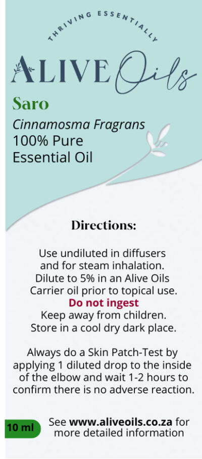 Alive Oils Cinnamosma Fragrans Pure Essential Oil - is a brain energising oil that brightens the mind and calms depression, anxiety, and stress. It is an excellent anti-infectious oil for immune health, anti-microbial disinfectant for skin ailments such as acne, a pain-calming oil for stress headaches, a strong anti-inflammatory for sore muscles, a mucolytic for bronchitis, flu, coughs and colds, strong anti-viral air cleanser that protects from viral infections when diffused, and excellent antifungal, anti-septic and anti-bacterial.