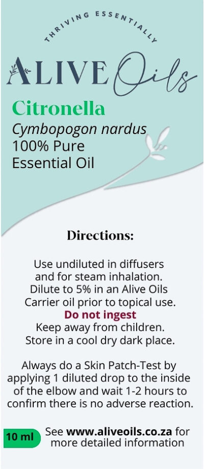 Alive Oils Citronella Pure Essential Oil – insect repellent actions for mosquitoes in particular, Citronella also makes fresh deodorants with anti-fungal, and anti-septic disinfectant actions to eradicate the microbes that cause body odour. Citronella has diuretic, febrifuge, stomachic, tonic, and vermifuge phytochemical actions. It also clears oily skin, and calms headaches, colds, flu, also preventing infection in children's scrapes, and scuffs.