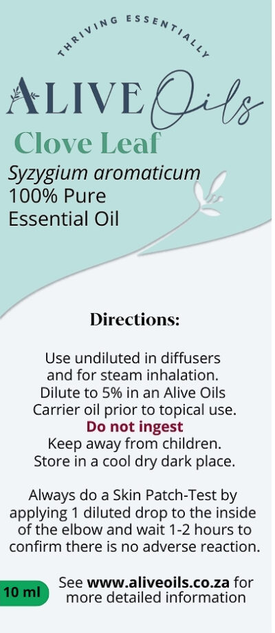 Alive Oils Clove Leaf Pure Essential Oil - Clove Leaf Pure Essential Oil - Syzygium aromaticum - is an excellent anti-fungal for athlete’s foot and toenail fungus, unclogs the respiratory tract, bronchitis, sinusitis, sore throat, and is pain-calming oil for headaches, migraine, and neuralgia. Clove Leaf Oil is used in perfume, soaps, disinfectants, insect repellents and in gargles for sore throats.