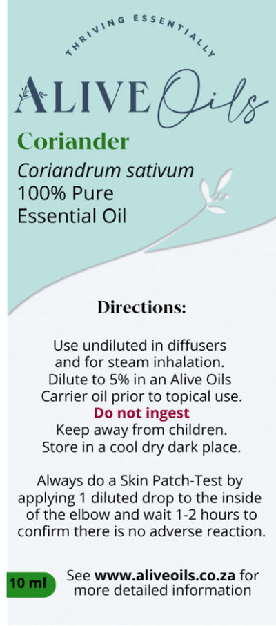 Alive Oils Coriander Pure Essential Oil - Coriandum sativum -is excellent for stress, adrenal health, menopause, insomnia, oily skin cleansing, pain-calming for headaches, and the muscle and joint pain of rheumatism, arthritis, and gout. The sweet, spicy, woody aroma is excellent for stress, insomnia and improves cognitive functioning. Coriander is a strong anti-bacterial oil with detoxing, cleansing actions for the human body.