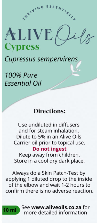 Alive Oils Cypress Pure Essential Oil – is a mild calmative oil for stress, and nerves. It energises the mind and invigorates lethargic thinking, having a positive and calming effect on emotional equilibrium. Cypress is a mild antioxidant and excellent skin-firming astringent for oily skin that also firms muscular skin on the face, and tightens pores, making it excellent for hemorrhoids, and varicose veins, while pain-calming actions soothe sprains, muscle spasms, joint pain, and mucolytic actions unclog phlegm from the lungs.