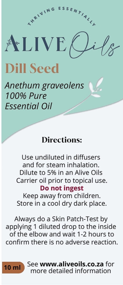 Alive Oils Dill Seed Pure Essential Oil - Anethum graveolens - calming for stress and nerves, particularly when diffused into the air. It is excellent for the autonomic nervous system. Dill calms insomnia and ADHD, is a potential insulin and blood glucose regulator for diabetes, a strong pain-calming oil for cramping muscles, antihistamine that calms allergy symptoms, and soothing oil for the stomach that clears gas in the intestines.