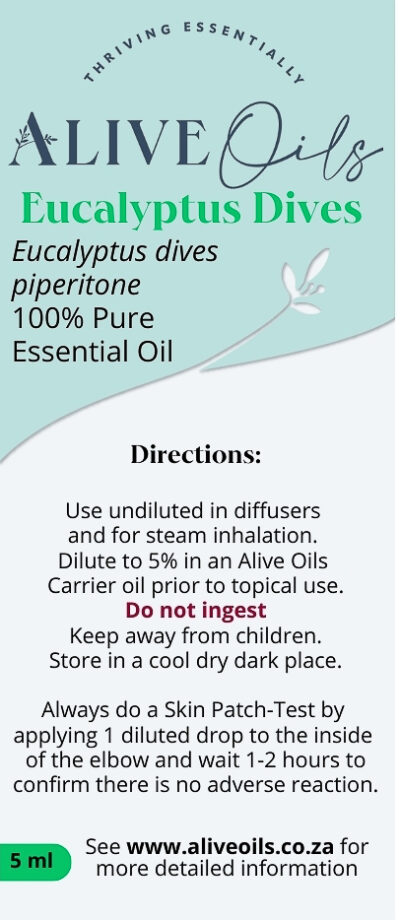 Alive Oils Eucalyptus Dives Piperitone Pure Essential Oil - is a bronchial mucolytic that unclogs phlegm with strong anti-microbial actions for bronchial chest colds. Diluted with a base oil, it is massaged on the chest or applied around and even into the nostrils.