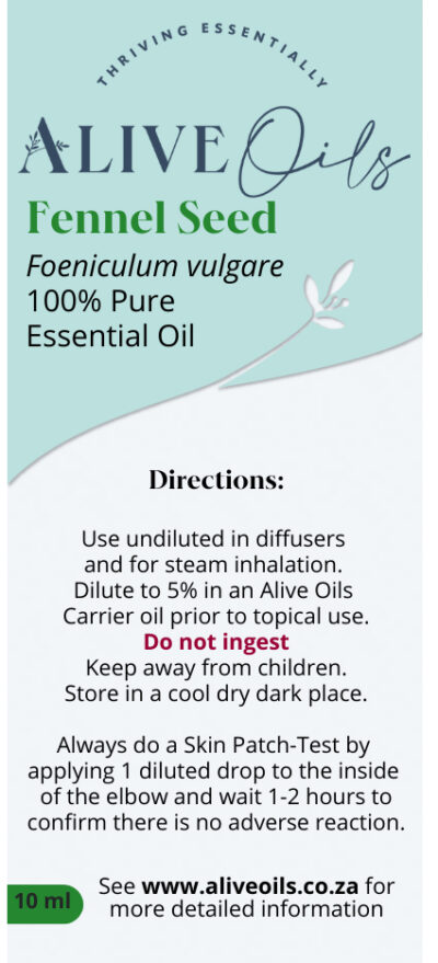 Alive Oils Fennel Seed Pure Essential Oil - Foeniculum vulgare - calms the autonomic nervous system and instantly calms adrenaline. An excellent oil for stress, Fennel is brain energising and improves focus and clear thinking. It has hormone balancing actions to calm menopausal hot flushes, fatigue, dry skin, insomnia, and a calm emotional equilibrium, besides menstrual cramping, and a strong expectorant for coughs and phlegm. Fennel is a blood cleansing circulant that flushes the toxins that cause gout pain.