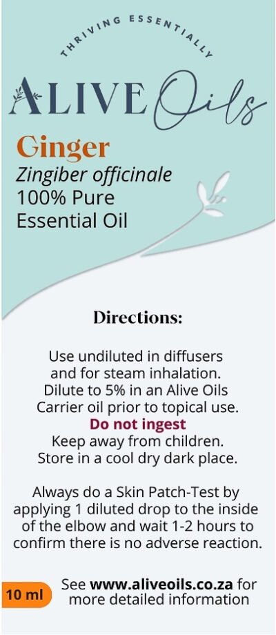 Alive Oils Ginger Pure Essential Oil - Zingiber officinale - calms respiratory infections with anti-bacterial, anti-spasmodic and anti-inflammatory actions that clear mucus in the throat and lungs. Ginger calms flu, bronchitis and cold symptoms with anti-inflammatory actions to clear the lungs and unclog phlegm.. It has strong antioxidants for liver health and is a soothing anti-spasmodic for digestion. Ginger is excellent for the muscle spasms and joint pain of fibromyalgia and arthritis.