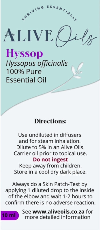 Alive Oils Hyssop Pure Essential Oil – stimulates the nervous, digestive, circulatory, endocrine, excretory, and neural systems. It is a nerve calming oil that has expectorant, circulation strengthening, menstruation calming and stomach soothing actions to calm indigestion, gas and bloating in the intestines. Hyssop improves the secretion of gastric fluids, bile, acids, and enzymes, including peristaltic motion, and the absorption of nutrients. It detoxes sodium and fluids through urine to calm water swelling particular to menstruation. Hyssop has expectorant actions to clear phlegm from the lungs, and pain-calming actions to calm joint pain, arthritis, rheumatism, and neuralgia. It is a strong anti-anti-bacterial that disinfects sores.