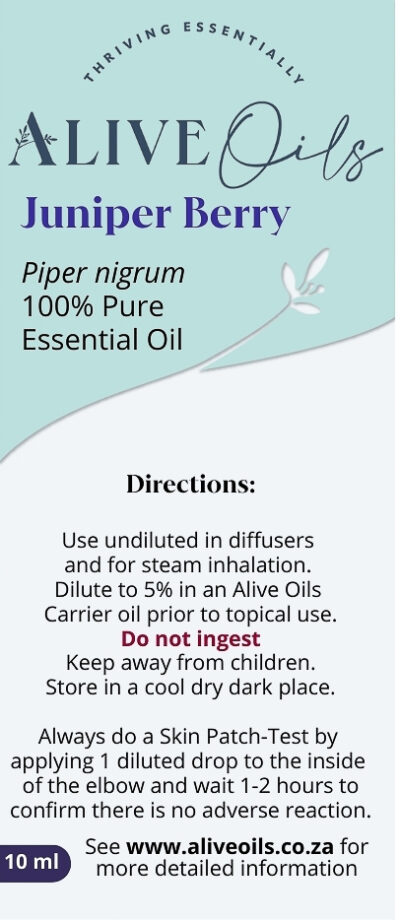 Alive Oils Juniper Berry Pure Essential Oil - is a strong antioxidant oil and natural detoxing diuretic for the joint pain of arthritis, is excellent for bloating and a calming anti-inflammatory for rashes. It is a cleanser of the intestines, calms bloating of the stomach. It has strong anti-inflammatory pain-calming actions for fibromyalgia, muscle aches, arthritis, and rheumatism. Strong anti-viral and anti-bacterial actions calm sore throats, and respiratory infections. Juniper calms stress, and nerves, and energises fatigue. It is a soothing anti-inflammatory for dry, itching skin, psoriasis, eczema, and rashes. The strong antiseptic substances are excellent for acne and for inclusion in your hair washes and hair moisturisers to prevent dandruff and soften your hair.