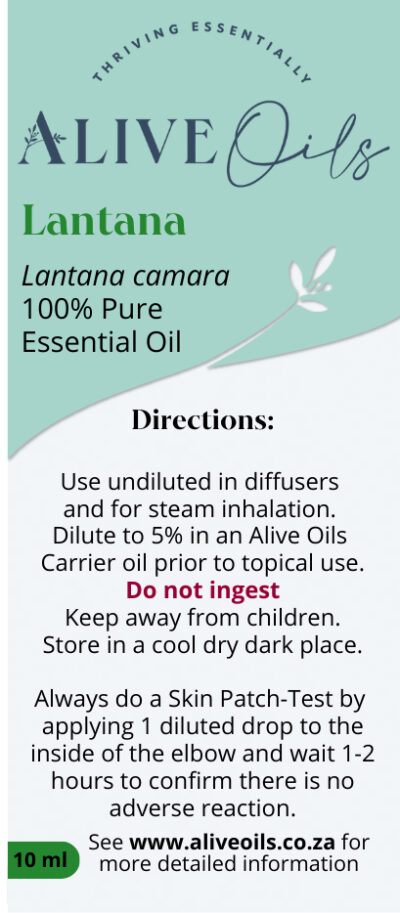 Alive Oils, Lantana camara Pure Essential Oil - calms chronic bronchitis, clears the respiratory tract, unclogs phlegm, calms stress, and menstruation, and has anti-spasmodic, anti-phlegm, anti-viral, anti-inflammatory, anti-infectious, mucolytic actions, is a mild anti-septic for ulcers, sores, and a skin therapeutic oil for itchy skin ailments.