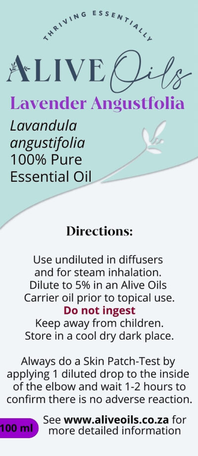 Purchase from Alive Oils - Lavender angustifolia - brightens the mind. It calms stress and lightens emotional equilibrium with its fresh calmness. Lavender is a strong pain-calming oil for migraines, headaches, muscular pain, fibromyalgia, arthritis, rheumatism, and gout, is excellent for sore throat, bronchitis, a skin disinfectant for boils, itchy skin, eczema, scabies, scalp itch and a cleansing breath freshener.