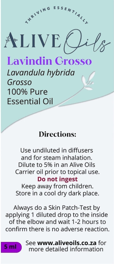 Alive Oils, Lavandin Grosso Pure Essential Oil - calming oil for a stress, a clear mind and energised equilibrium, has pain-calming actions for headaches from coughs, fever, flu, colds, the pain in muscles and joints, arthritis, rheumatism, gout, excellent for sores, itchy insect bites and skin ailments such as psoriasis, dermatitis, eczema with anti-inflammatory, anti-viral, anti-septic, anti-fungal and anti-bacterial actions.