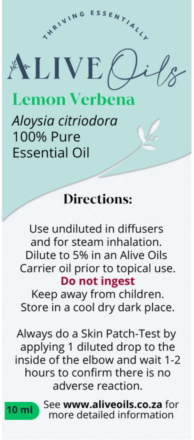 Alive Oils Lemon Verbena Pure Essential Oil - Aloysia citriodora - invigorating to the mind. This makes it excellent for stress, depression, nerves, insomnia, clear focused thinking and alertness, anti-spasmodic that soothes cramps, a calming digestive, an emollient for softer skin, anti-inflammatory that calms itching skin, an effective treatment for a dry scalp, insect repellent for a wide range of insects and a lemon air freshener that quells odour with anti-bacterial, anti-viral, anti-septic and anti-parasitic actions.