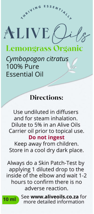 Alive Oils Lemongrass Pure Essential Oil - excellent for stress and nerves. It encourages happiness, calms depression, is a strong anti-fungal, anti-bacterial anti-infectious oil for bacteria on skin, making it a fresh deodorant and a strong disinfectant, sanitiser and deodoriser. It is a strong anti-viral, pain-calming oil with anti-inflammatory actions for the pain and rash of shingles, sore joints, headaches, flu, colds, coughs, digestion, diuretic, febrifuge, insect repellent, nervine, calmative and tonic.