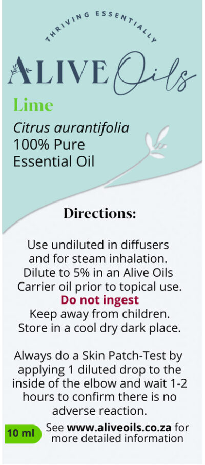 Alive Oils Lime Pure Essential Oil – excellent for skin beauty, and excellent included in face and body moisturising cleansers for its astringent, anti-septic disinfectant actions to brighten a dull skin tone and cleanse skin infection with pain-calming actions to calm stomach cramps, gas, intestinal spasms, digestion, chronic joint pain, and a fresh aroma that calms stress, and nerves, imparting a freshness to deodorants and aromatic citrus blends. It is excellent for steam inhalation to unclog respiratory infections of bronchitis, flu, coughs, sore throats, and colds with anti-viral substances to protect the body.