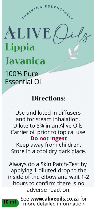 Alive Oils Lippia Javanica Pure Essential Oil - chest tonic for asthma, chronic coughing, bronchitis, unclogs phlegm and mucous from the bronchial tracts, excellent for flu and colds, prevents nosebleeds, calms muscular pain, joints,  anti-septic disinfectant to soothe children's scuffs, eradicates lice, scalp infections and a moisturiser of dry skin.