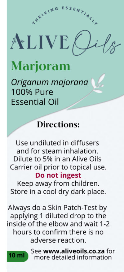 Alive Oils Marjoram Pure Essential Oil - Origanum majorana - is excellent for calming the mind. It is particularly effective for stress, nerves, depression and an energised mind, an effective hypotensive for high blood pressure and stronger blood circulation, besides therapeutic actions for fibromyalgia, arthritis, rheumatoid arthritis, asthma, disinfectant, mouth ulcers, colic, laxative, digestive ailments, gastric ulcers, menstruation, a strong pain calming oil, diuretic, anti-fungal, and tones the sympathetic nervous system.