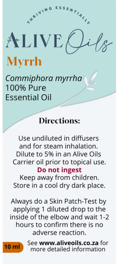 Alive Oils Myrrh Pure Essential Oil - Commiphora myrrha - a strong anti-viral and anti-bacterial for respiratory infections that softens phlegm in the lungs, is an immune strengthener that protects the body from infection with astringent, antioxidant and circulation strengthening actions to tone muscles and smoothen skin, excellent oil for hair and dandruff, a possible natural cure for hypothyroidism, an anti-inflammatory disinfectant for sores that calms itchy skin, a skin beauty rejuvenating astringent and antioxidant that tones skin, improves circulation, calms stress, has anti-fungal, anti-parasitic and anti-septic anti-bacterial actions.