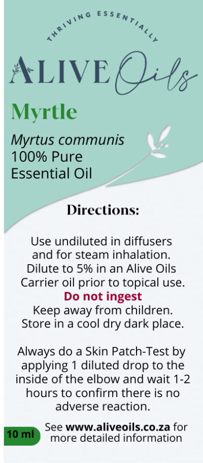 Alive Oils Myrtle Pure Essential Oil - Myrtus communis - energises and clears the mind. It is an excellent deodorant for the body and a natural skin tonic with strong antioxidants, astringents and anti-bacterial actions to calm skin infection, improving oil production in pores with disinfectant actions that cleanse bacteria, astringents that tighten pores, and pain-calming substances calm pain, besides unclogging phlegm in the nose and tightness in the chest, also soothing coughs, anti-microbial actions calm infections in the urinary tract, eradicates parasites and has anti-fungus, and anti-bacterial actions.