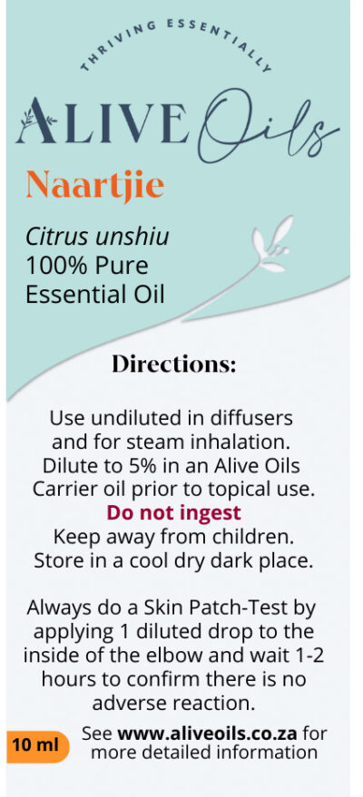 Alive Oils Naartjie Pure Essential Oil - calms depression, insomnia, excellent for acne and oily skin, a digestive tonic that improves appetite and the health of the stomach, a stimulant of the liver that also calms gas, upset stomach, irregular bowel movements and has anti-septic, anti-spasmodic, diuretic, calmative and tonic actions.