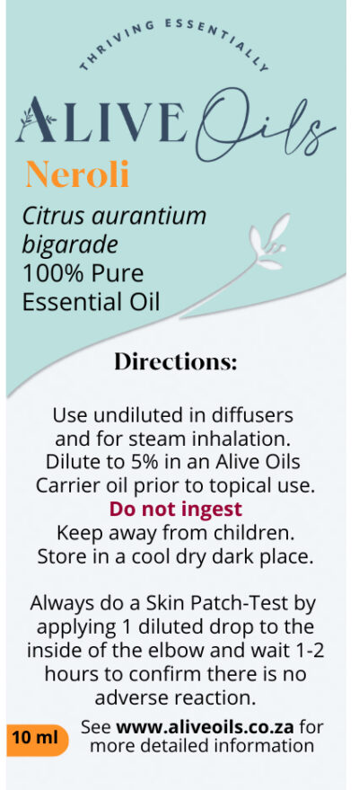 Purchase from Alive Oils – Neroli Pure Essential Oil - calmative for stress and nerves, an excellent antioxidant skin beauty oil for ageing, wrinkled skin, blemishes and a clear skin tone, a pain-calming oil for arthritis, sore, tired feet and exercised muscles, calms gas, an upset stomach, soothes menstrual cramping, improves circulation and is a natural deodorant with anti-septic and anti-bacterial disinfectant actions.