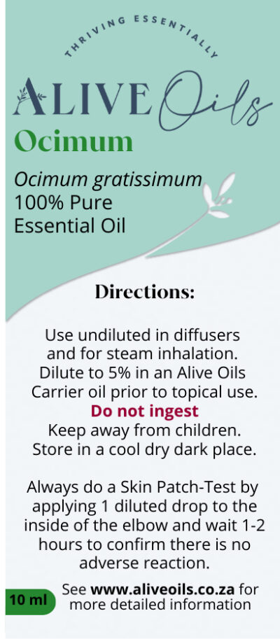 Alive Oils Ocimum gratissimum Pure Essential Oil - improves focus, invigorates in men's masculine blends, has anti-microbial substances to disinfect and prevent infection in sores and scuffs, excellent for bronchitis, coughs, inhalation unclogs phlegm, pain-calming for headaches and gout, calms fungal infections, stomach upsets and repels mosquitoes.