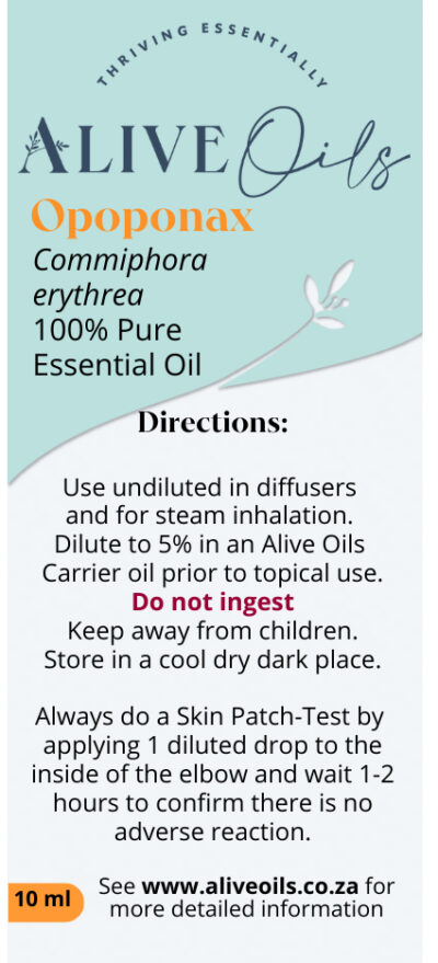 Alive Oils Opoponax Pure Essential Oil - Commiphora erythrea - anti-inflammatory, anti-bacterial and anti-septic disinfectant with expectorant actions to unclog phlegm from the lungs, is a pain-calming circulant for rheumatism and arthritis, an emmenagogue that improves menstruation, amenorrhea, and dysmenorrhea, also calming menopause. Opoponax is also anti-fungus, astringent, tonic, stomachic, anti-catarrhal, anti-spasmodic, immune stimulant, anti-parasitic, and vulnerary.