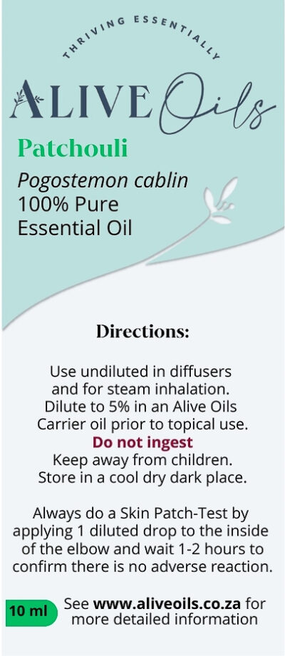 Alive Oils Patchouli Pure Essential Oil - Pogostemon cablin – is a skin freshener and antioxidant oil that smoothes and freshens skin with excellent anti-inflammatory actions for dermatitis, eczema, dry itching skin, fungal infections, Candida, athlete’s foot, a tonic for depression, lethargy, colds, headaches, stomach upset, oily hair and dandruff.