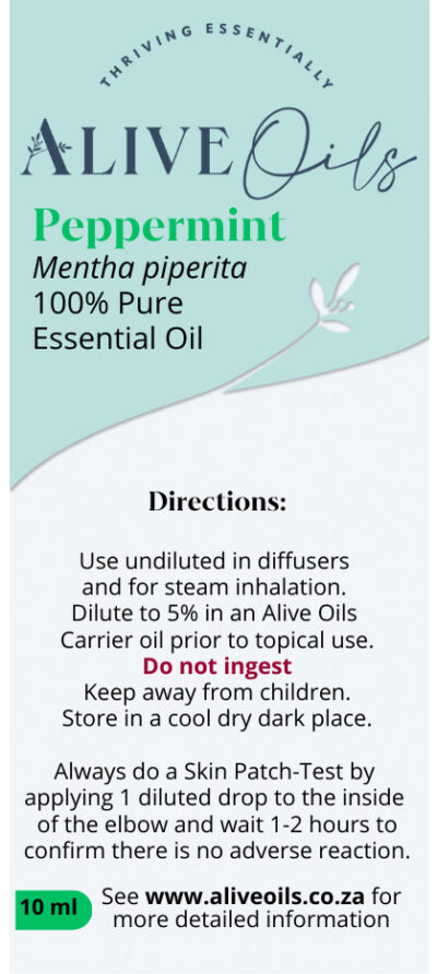 Alive Oils Peppermint Pure Essential Oil - Mentha piperita -excellent for stress, an energising oil that improves focus, a strong pain-calming oil for headaches, the pain of neuralgia, muscular pain, and joints, sinus headaches calm when this oil is diffused into the air, excellent for bronchitis, coughing, colds. excellent for urinary tract infections, mainly because it is a strong anti-bacterial oil.