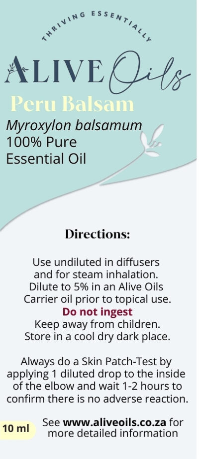 Alive Oils Peru Balsam Pure Essential Oil - Myroxylon balsamum - Anti-bacterial oil improves circulation, purifies acids from sore joints, arthritis, rheumatism, gout, disinfects sores and moisturises skin.