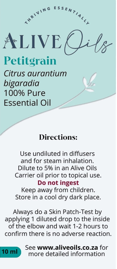 Alive Oils Petitgrain Pure Essential Oil - Citrus aurantium bigaradia – A strong nerve-tonic for stress, energising, improves oil production in the pores, hair, muscle spasms, and natural antiperspirant deodorant.