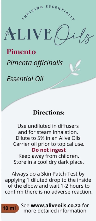 Alive Oils Pimento Pure Essential Oil - Pimenta officinalis - excellent pain-calming oil for pain in the body, calming arthritis, rheumatism, gout, headaches, chronic headaches, sinus pain, colds, muscular pain, sore joints, neuralgia, anti-viral for respiratory infections, flu, colds, bronchitis, unclogs phlegm in the respiratory tracts, coughs, freshening antioxidant with anti-ageing actions, while the aroma is energising, brightens depression, and calms nerves.