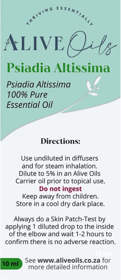 Alive Oils Psiadia Altissima Pure Essential Oil - is saturated with anti-inflammatory actions that are excellent in moisturising massage blends to nourish dry skin ailments and itching skin infections. This essential oil soothes dry skin and calms extreme itching skin, it improves the coagulation of blood and prevents bleeding when dabbed onto sores, encouraging a scab to form.